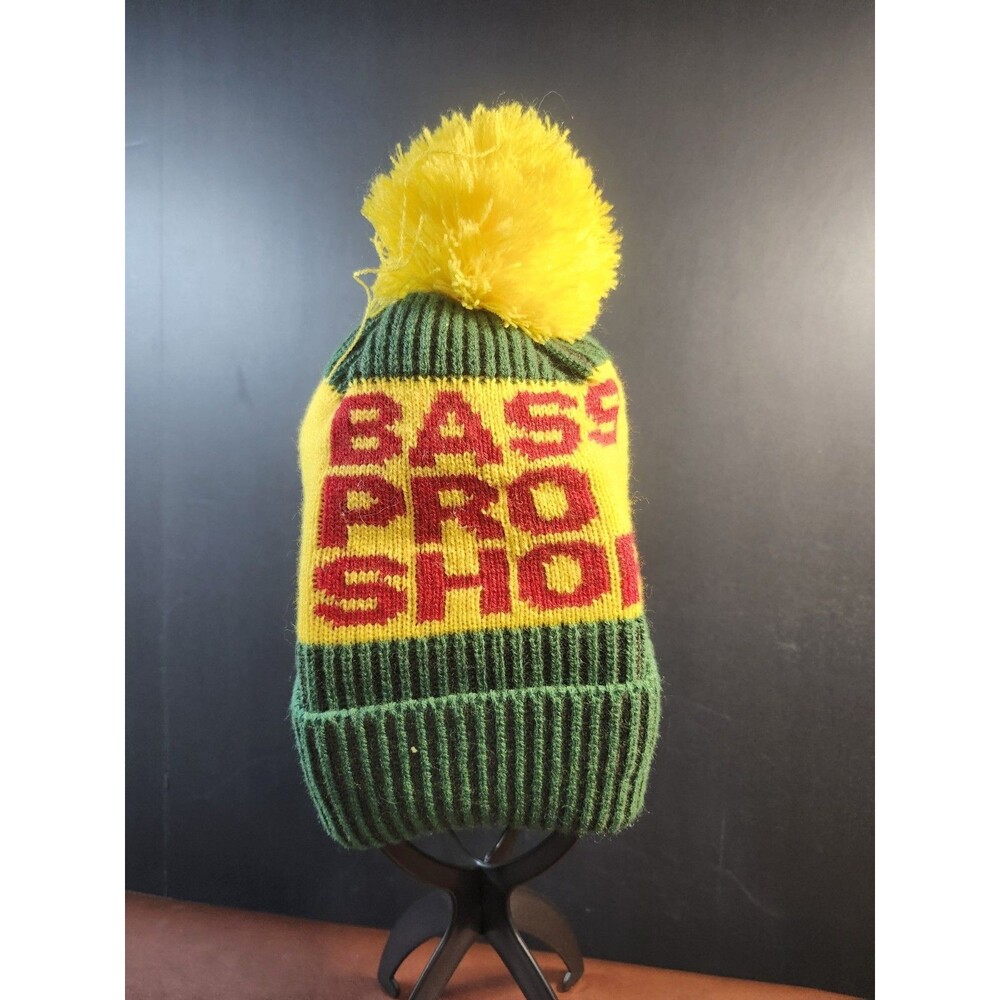 Bass Pro Shops Knit Beanie Pom Hat Green Yellow Logo Winter OSFM #1B3